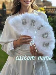 1pc Customized Letter Feather Hand Fan, Bridesmaids Gift, Mother's Day, Wedding Party, Festival, Performance, All Seasons Use, ,Colorful,Cute,Adorable,Funny,Kawaii,Y2K,Stylish,Unisex,Casual,Custom,Personalized,Unique,Customized,Ideal Gifts For Him,Ideal Gifts For Her,Her,Boyfriend,Girlfriend,Family,Friends - White - View 1