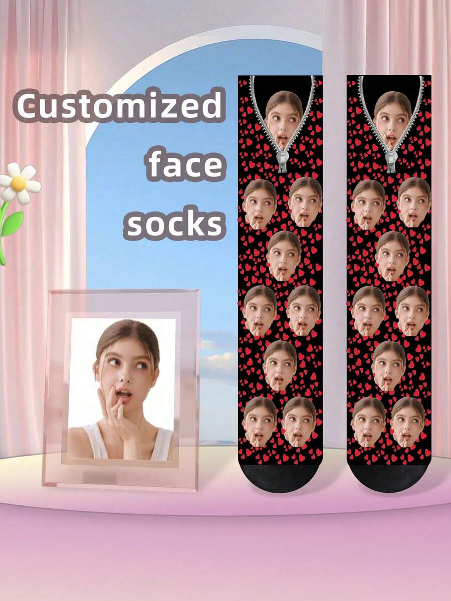 1 Pair Of Custom Couple Socks, Full Of Love Custom Socks, Funny Socks, Funny Custom Socks, Chain Socks, Women's Socks, Men's Socks, Personalized Novelty Socks, With Their Own Handsome And Beautiful Photos - Black - View 1
