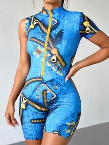 Jumpsuit short sexy sport chic dama mujer tejido stretch estampado denim hebillas cuello alto zipper invisible manga corta hombro descubierto bajo ajustado deportivo sport calor deporte playa jardín día primavera verano fresco cómodo - azul real - Ver 2
