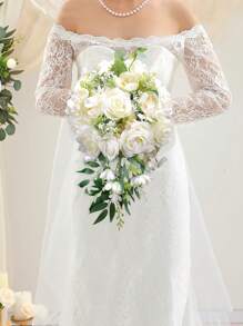 1 pieza Ramo de novia en cascada de rosas blancas artificiales, ramo de boda para lanzar, para ceremonia de boda, aniversario, verano, cumpleaños, regalos, decoración de habitación, útiles escolares