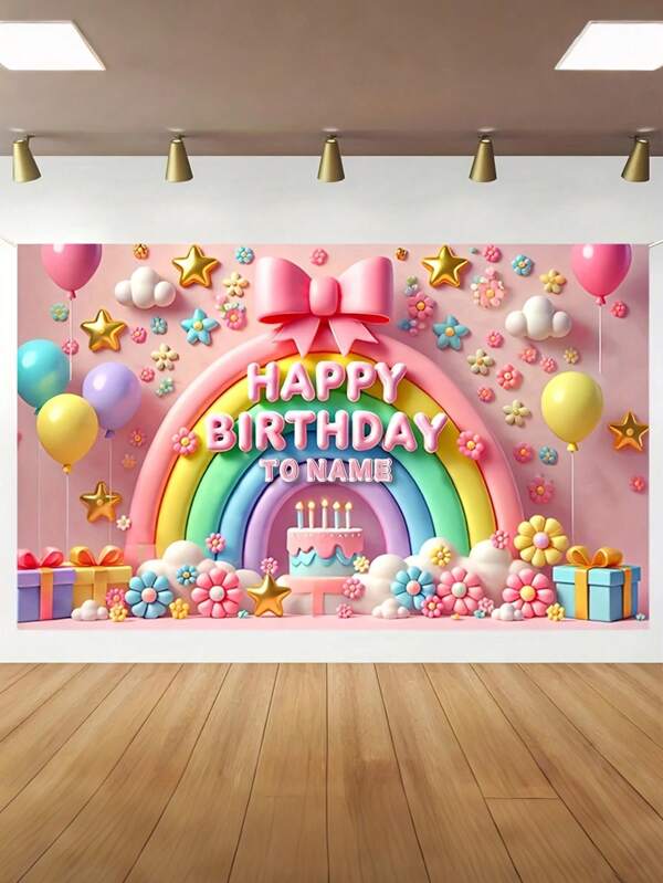 1pc Customizable Name Rainbow Bow Cake Birthday Party Background Fabric, Beautiful Personalized Wall Home Decor, Customizable DIY Pattern Party Decoration Wall Hanging, No Electricity Required Indoor/Outdoor Garden Decorations For Photo Booths, Entrances, Rooms, Three Sizes, Multi-Functional, Ornamental, Letter, Stylish, Modern, Colorful, Cute, Adorable, Casual, Custom, Personalized, Unique, Customized, Ideal Gifts For Him, Ideal Gifts For Her