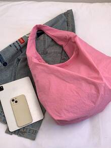 Fashionable Solid Color High-Capacity Multi-Pocket Shoulder & Underarm Tote Bag - Pink - View 3