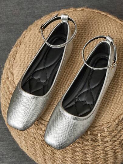 Pantofi plati casual, cu vârf pătrat, pentru femei, de culoare argintie metalizată, versatili pentru birou, în aer liber, petreceri, nunți, primăvară/vară, balerini cu cureaua la gleznă