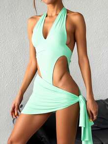 Set conjunto 2 piezas dama mujer sexy sensual tejido stretch body tirantes anchos pareo tipo falda primavera verano calor playa jardín festival alberca mar comida día noche cómodo - verde menta - Ver 2