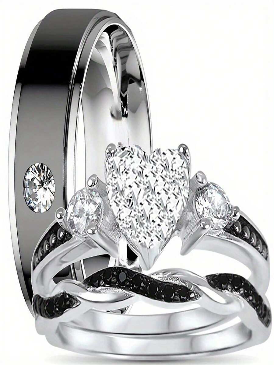 He And Her 3 Piece Three-Piece Silver Black Wedding Ring Engagement ...