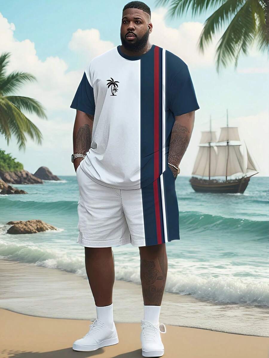 Plus Size Men's Short Sleeve Shirt And Shorts Set, Fashion 2-Piece Summer Sportswear Including Short Sleeve Top And Striped Shorts, Comfortable And Versatile - Multicolor - View 1