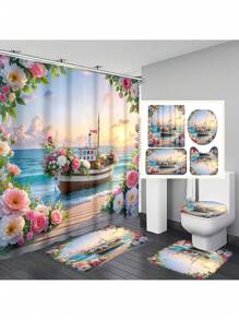 1pc/4pcs Marine Beach Flower Arch Print Multifunctional Bathroom Shower Curtain Set With 12 Hooks, Anti-Slip Bath Mat, U-Shape Toilet Mat, Round Toilet Lid Cover, Full Bathroom Set For All Scenarios Bathroom Accessories Back To School