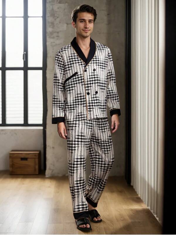 2pcs Men's Sleepwear Set, Long Sleeve Lapel V-Neck Pocket Plaid Print Top And Classic Plaid Print Comfortable Absorbent English Style Loose Pants, Casual Fashion Men's Pajamas Set