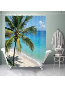 1pc/4pcs Tropical Seaside Beach Coconut Tree Printed Multifunctional Bathroom Decor Set, Includes Shower Curtain 12 Hooks, Anti-Slip Mat, U-Shaped Mat & Round Toilet Cover, For Whole Bathroom Back To School