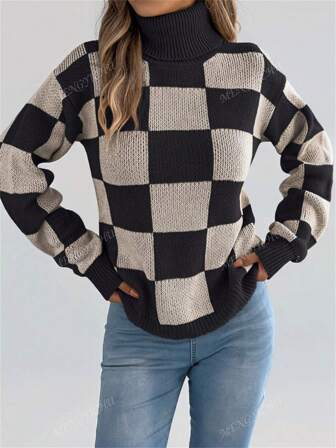 Women's Turtleneck Plaid Sweater Fall Winter Color Block Knit Pullover Long Sleeve Cabin Core Luxe