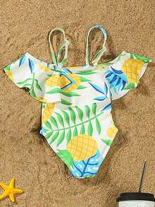 Women Swimsuit Pineapple Print Ruffled Summer Bikini Trunks Bathing Suit - Yellow - View 2