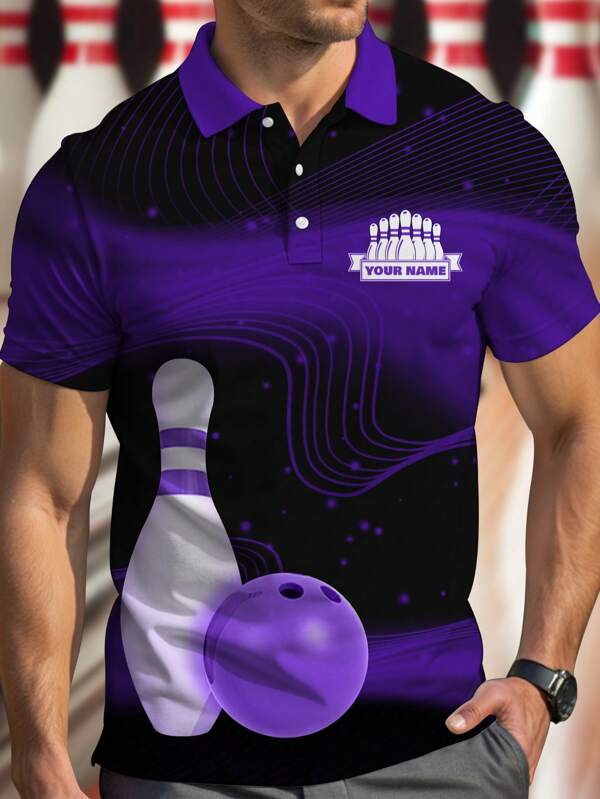 Custom Short Sleeve Men's Polo, Bowling Sports Polo Customized Name, Summer Casual Outfit For Bowling Sports, Button Casual Short Sleeve Polo Shirt For Summer Activity Wear