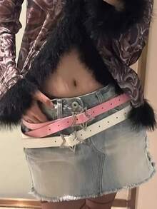 Y2K 星形扣腰带，粉色弹性腰带，镶嵌闪亮水钻，复古装饰配件，适合休闲周末穿着，学院风，镂空设计