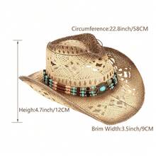 1 Hat And 2 Decorations Unisex Bead Decor Cowgirl Hat Hollow Out Summer Travel Shade Cowboy Hat Dyeing Wide Brim Printed Breathable With Beaded Trim Band Hand Woven Beach Hat Sun Hat Straw Hat - 米色 - 查看 3