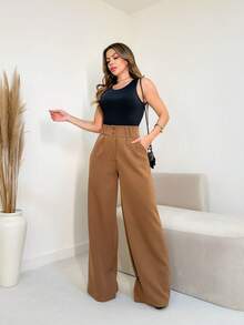 YING ZI Stone Mode Formal Tailored Wide Leg Trousers - 鏽棕色 - 查看 4