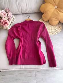 V Neck Plus Size Basic Long Sleeve Winter Knit Top Women Fashion - 中紫紅色 - 查看 2