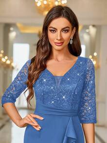 MIUSOL Đầm cocktail cổ chữ V sâu, đính sequin, ren hoa và xếp ly, thích hợp cho các dịp trang trọng như dạ hội, sự kiện bán trang trọng, sinh nhật, đám cưới, lễ tốt nghiệp, tiệc tùng, lễ hội. - Màu xanh lam - Xem 8