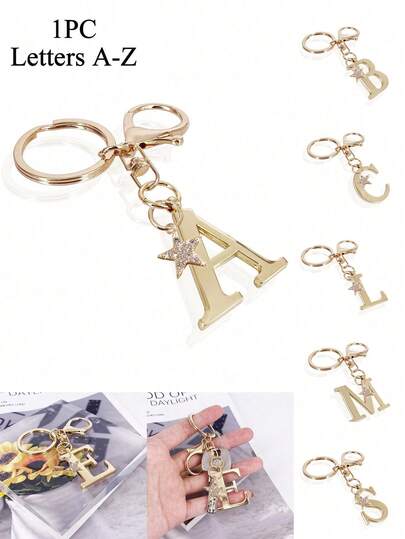1个高级优雅金色字母钥匙扣，A-Z字母3D吊坠，时尚合金钥匙圈，包包/背包挂饰，汽车钥匙链，女士完美配饰，情侣、朋友、家人的绝佳礼物，经典简约钥匙扣，装饰品，包包配件