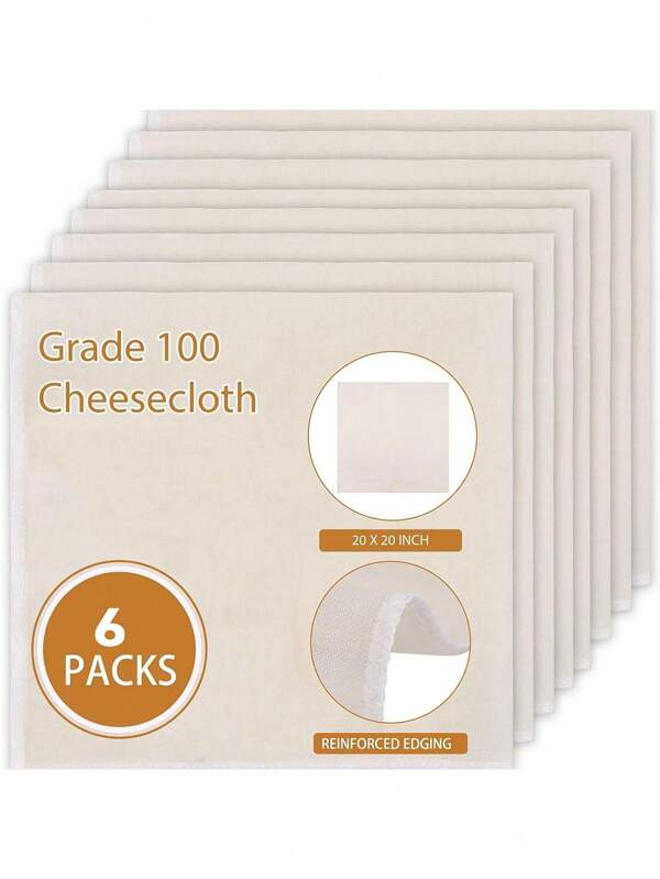 6 Reusable Cheesecloth, Grade 100, 20 X 20 Inches, With Hem, For Craft Strainers, For Cooking, Baking, Pressing, Cheesemaking