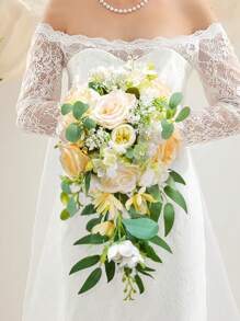 1 pieza Ramo de novia en cascada de rosas blancas artificiales, ramo de boda para lanzar, para ceremonia de boda, aniversario, verano, cumpleaños, regalos, decoración de habitación, útiles escolares