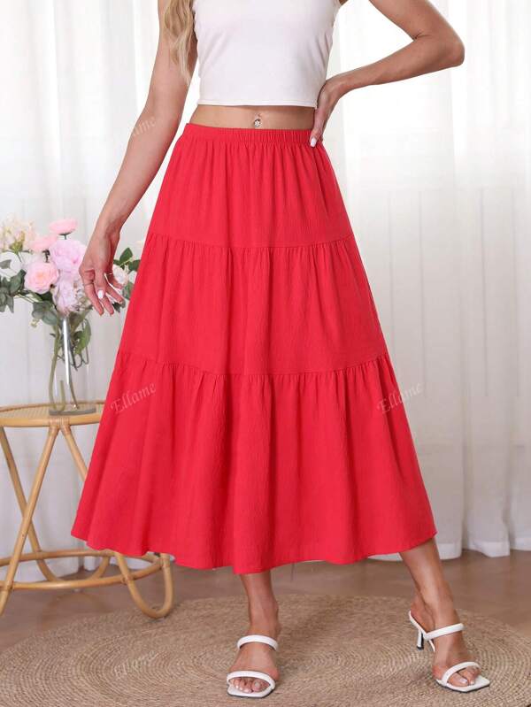 Women's Solid Color Layered A-Line Skirt, Soft Casual Elastic Waist Skirt