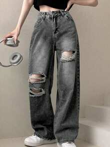 Asymmetrical Distressed High Waist Casual Versatile Jeans