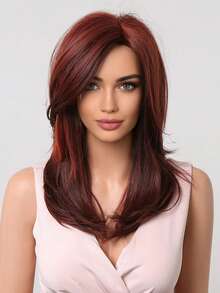 Wine Red Wigs For Women, Long Layered Hair Wigs With Bangs Heat Resistant Synthetic Fiber Wigs For Daily Party Cosplay Music Festival Fashion Wigs - 酒紅色 - 查看 3