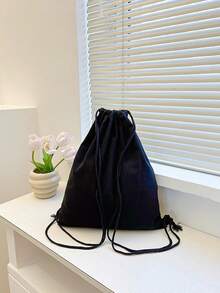 New Canvas Backpack, Shoulder Strap & Drawstring Pocket Design, Shopping/Student Bag, Bookbag - Black - View 9