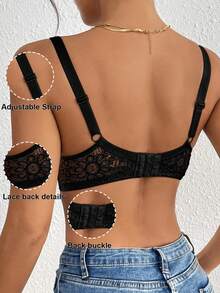 1 件女士花卉和向日葵印花文胸，全罩杯，配有柔软钢圈支撑，可调节肩带，不可拆卸轻垫 - 黑色 - 查看 9