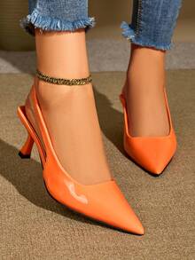 Tacones stilettos de punta fina de color nude brillante de alta calidad con tacón bajo y slip-on, estilo europeo para uso diario, fiestas y bodas, nuevos en primavera/verano, elegantes bombas de PU para damas - Naranja - Ver 1
