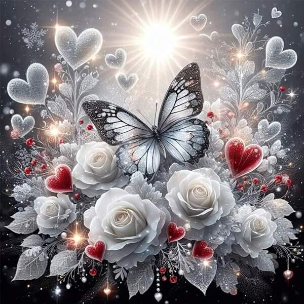 DIY Diamond Painting Kit, 3D Diamond Cross Stitch Rose & Butterfly, Diamond Art Decor, Suitable For Home, Bedroom, Living Room Decoration, Gift
