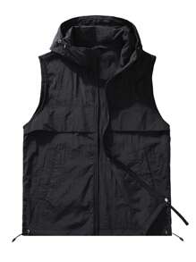 Women's Lightweight Sunscreen Vest Jacket, Summer Thin Loose Fit Hooded Sleeveless Cover Up - Black - View 2
