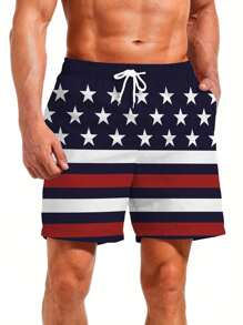 Quick-Drying Flag Print Men Shorts - Lightweight & Breathable Active Beach Wear With Drawstring - Perfect Hawaiian Style For Summer Resort Vacations,Hawaiian