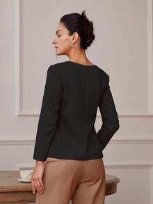 Áo khoác Blazer cổ vuông thắt eo màu trơn đa năng cho nữ khi đi làm - màu đen - Xem 2