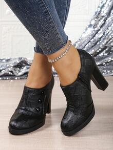 Women's Vintage Brogue High Heels Oxfords, Thick Sole Formal Dress Pumps, Multiple Colors Available, Black