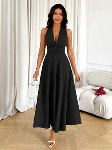 Women's Elegant Backless Spaghetti Strap Mid-Length Dress - Black - View 3