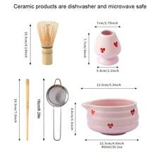 5pcs Matcha Whisk Set, Cute Pink Heart/Cherry Blossoms Ceramic Matcha Bowl With Whisk Set, Japanese Tea Set Includes Matcha Bowl With Spout, Matcha Whisk Holder, Bamboo Matcha Whisk, Scoop, Sifter, Ceramic Matcha Kit For Tea Lovers