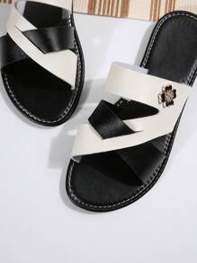 Women Summer Outdoor Fashion Color Blocking Floral Flat Slide Sandals, Comfortable Round Toe Low Heel Indoor/Beach Slippers