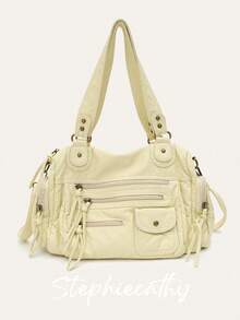 STEPHIECATHY 纯色水洗柔软PU人造革，拉链闭合，多口袋设计，双短肩带，可调节腰带，男女通用，时尚休闲实用，适合大学日常通勤、春夏度假及各种场合。