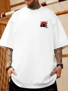 夏季新款男士时尚纯红色日本动漫风格日落印花圆领短袖休闲 T 恤 - 白色 - 查看 2