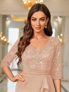 MIUSOL Deep V-Neck Sequin Floral Lace Ruffle Trim Cocktail Party Bodycon Dress, Wedding Guest Dress