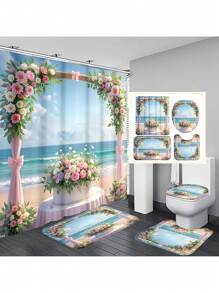 1pc/4pcs Marine Beach Flower Arch Print Multifunctional Bathroom Shower Curtain Set With 12 Hooks, Anti-Slip Bath Mat, U-Shape Toilet Mat, Round Toilet Lid Cover, Full Bathroom Set For All Scenarios Bathroom Accessories Back To School