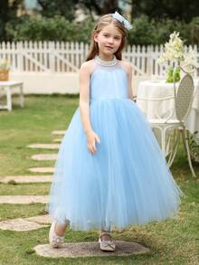 Little Girl Sweet Princess Net Tutu Dress, Flower Girl Essential - Blue - View 3