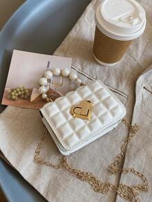 Bolso de mano con cadena de perlas y patrón de rombos, bolso bandolera para niños - Blanco - Ver 4