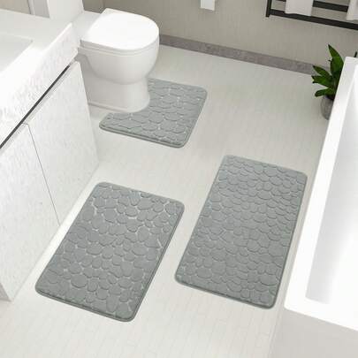 1pc/3pcs Set Stone Texture Embossed Solid Color Machine Washable Memory Foam Absorbent Non-Slip Bathroom Mat, 1pc Or 3 Pieces Set, Suitable For Bathroom, Toilet, Bathroom Entrance Bathroom Decor Fall Decor Carpet Bathroom Accessories