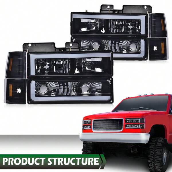 LED Headlight Assembly Compatible With C/K 1994-1999/Compatible With Suburban C/K 1994-1999/Compatible With Tahoe 1995-1999 /Compatible With Yukon 1995-1999 Headlamp Smoky Lens Black Housing Amber Reflector