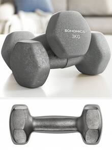 SONGMICS Juego de mancuernas hexagonales con soporte - 2 x 1 kg, 2 x 2 kg, 2 x 3 kg, Neopreno con acabado mate, Pesas para gimnasio en casa, Lima, Azul Verdoso y Gris Claro MSYL612GN - Multicolor - Ver 10