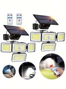 1 pieza Luces solares para exteriores, 288 LED 3000LM con sensor de movimiento, Luces solares de 6500K con control remoto, 4 cabezales de luces de inundación de seguridad de 300° de ángulo amplio para jardín, patio, camino, garaje y calle, con cable de 16,5 pies y 3 modos
