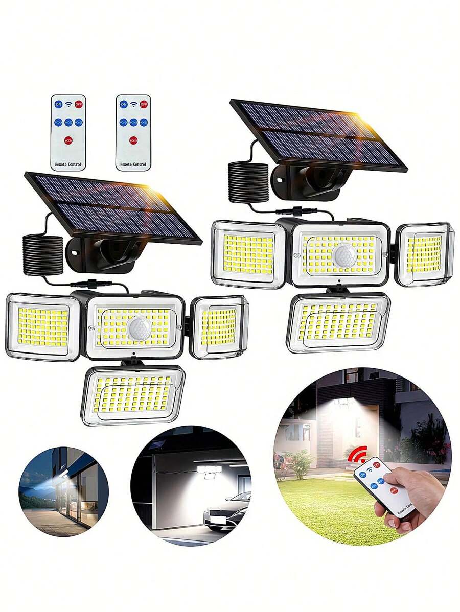 1 pieza Luces solares para exteriores, 288 LED 3000LM con sensor de movimiento, Luces solares de 6500K con control remoto, 4 cabezales de luces de inundación de seguridad de 300° de ángulo amplio para jardín, patio, camino, garaje y calle, con cable de 16,5 pies y 3 modos