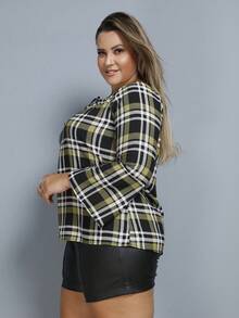 Women's Plaid Shirt Plus Size  Blouse Long Sleeve GG G1 G2 G3 - Verde novo - 查看 3